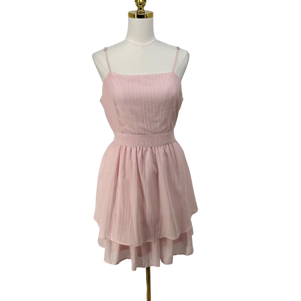 Doe & Rae Pink Pinstripe Tiered Mini Dress L Square Neck Ruffle Waist Tie Twee